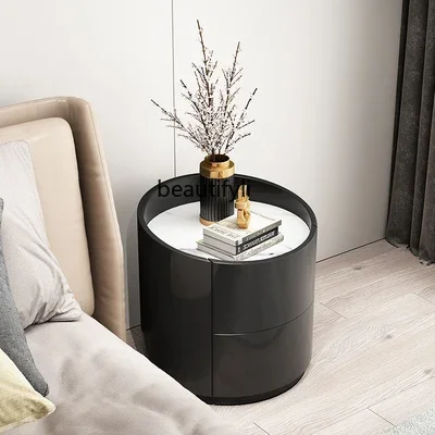 Round Bedside Table Simple Modern Light Luxury Art Design Storage Cabinet Solid Wood Nordic