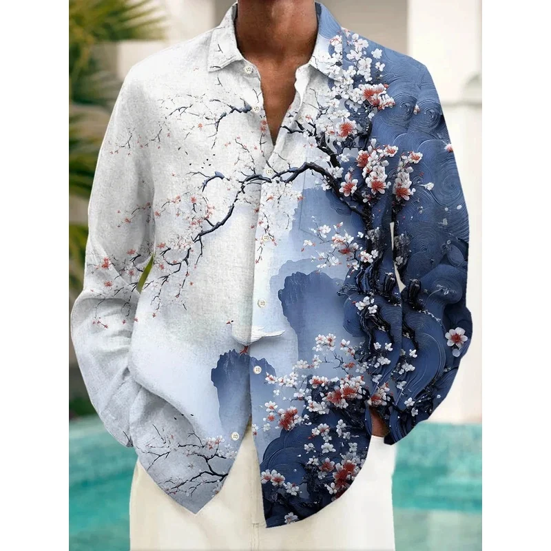 Men's Japanese-style cherry blossom watercolor print long-sleeved shirt, blue and white casual button-down top