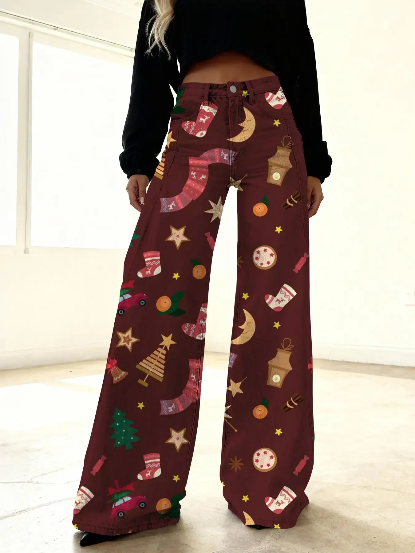 

Women's imitation denim printed high waisted flared pants, sweet and cute, Loose leg shape makes you look slimmer