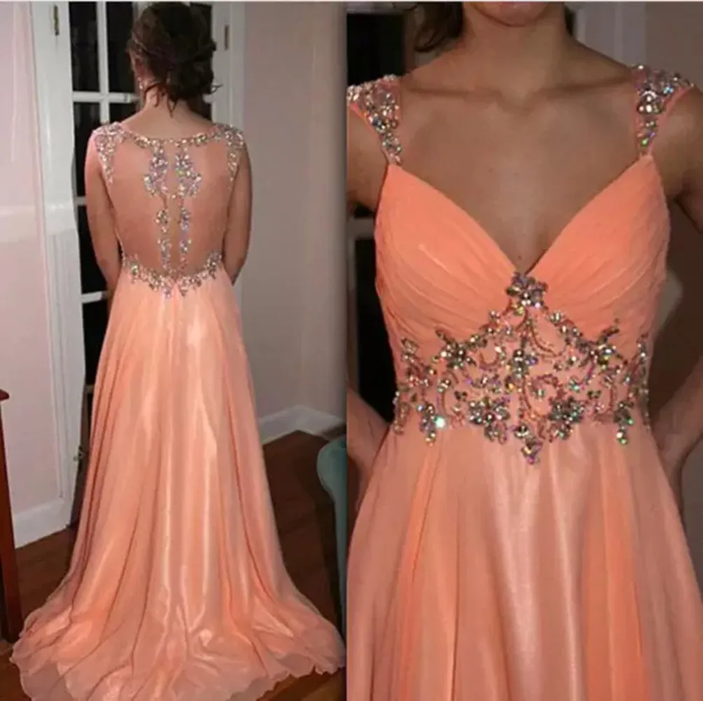 Sexy Long Chiffon Crystal Beaded Sequins Prom Dresses Sheer back Formal Evening Party Gowns Luxury vestidos de novia robe mariée