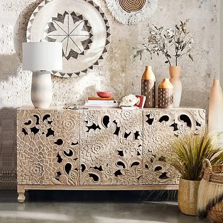 French solid wood carving flower cabinet, American antique hollow carving TV cabinet, antique old lotus dining side cabinet