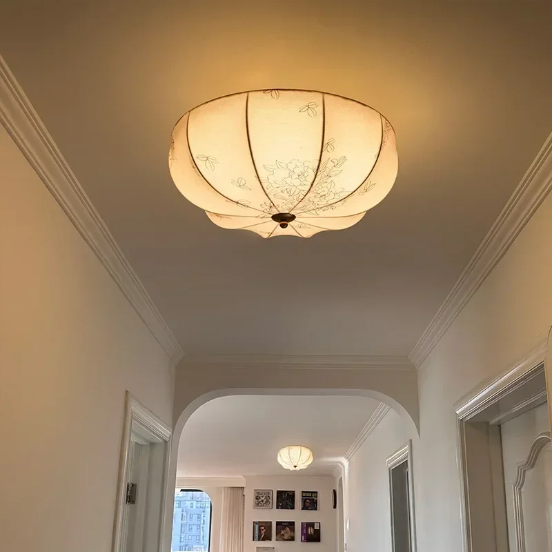 

French Retro Fabric Ceiling Lamp Bedroom Study Pattern Master Bedroom Light American Romantic Cloakroom Hallway Restaurant Light