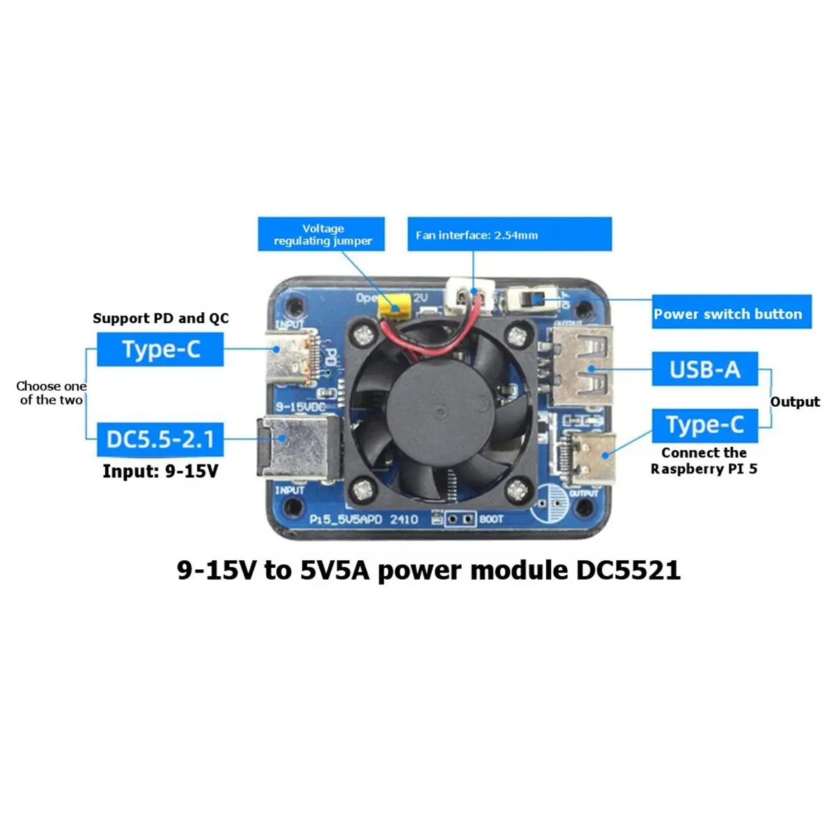 

(BABQ) Модуль питания 5V5A PD с двумя портами USB-C и USB-A для Raspberry Pi5, преобразователь напряжения 9-15В в 5В