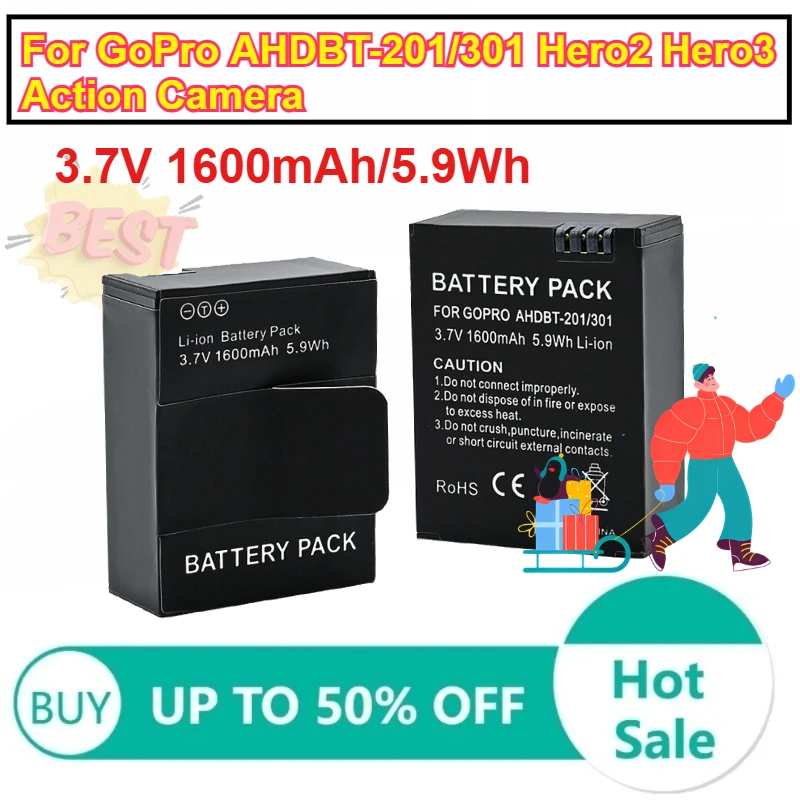 

2 pcs 3.7V 1600mAh/5.9Wh LI-ion Battery Pack for GoPro AHDBT-201/301 Hero2 Hero3 Action Camera Accessory Batteries