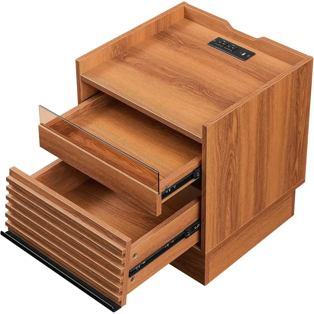 Modern nachtkastje uit het midden van de eeuw met laadstation en 2 lades, houten nachtkastje voor slaapkamer of woonkamer