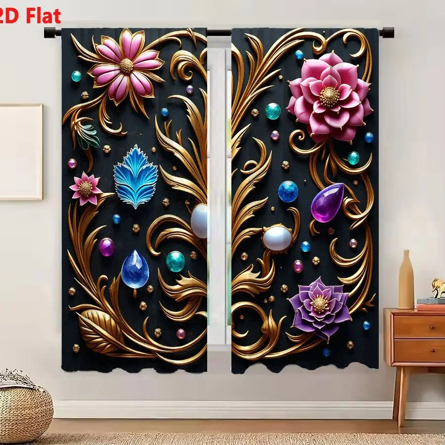 2Pcs Curtains Add 2D Flat Ornate Golden Scrollwork Floral Motif With Pink And Purple Flowers And Gemstones On Charcoal Backgroun
