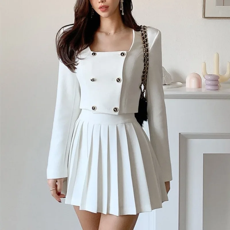 2023 Women's Spring and Autumn Square Neck Button Solid Color Slim Fit New Fashion Western Style Hundred Pleated Half Skirt Suit