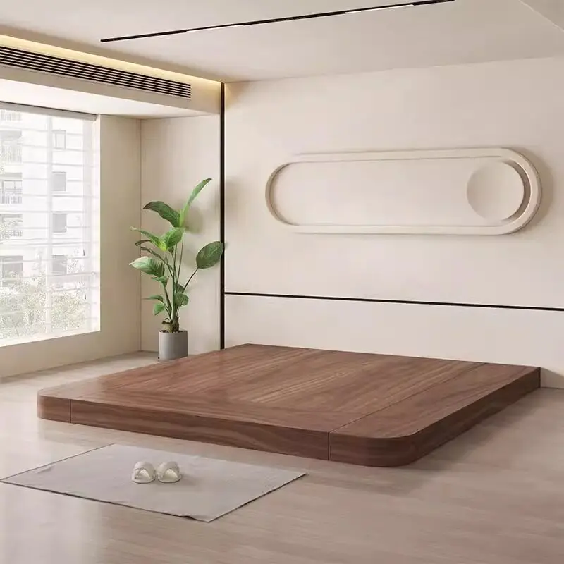 Customized King Bed Solid Wood Customized Tatami Japanese-style Low Loft Floor Leisure Bed Round Corne
