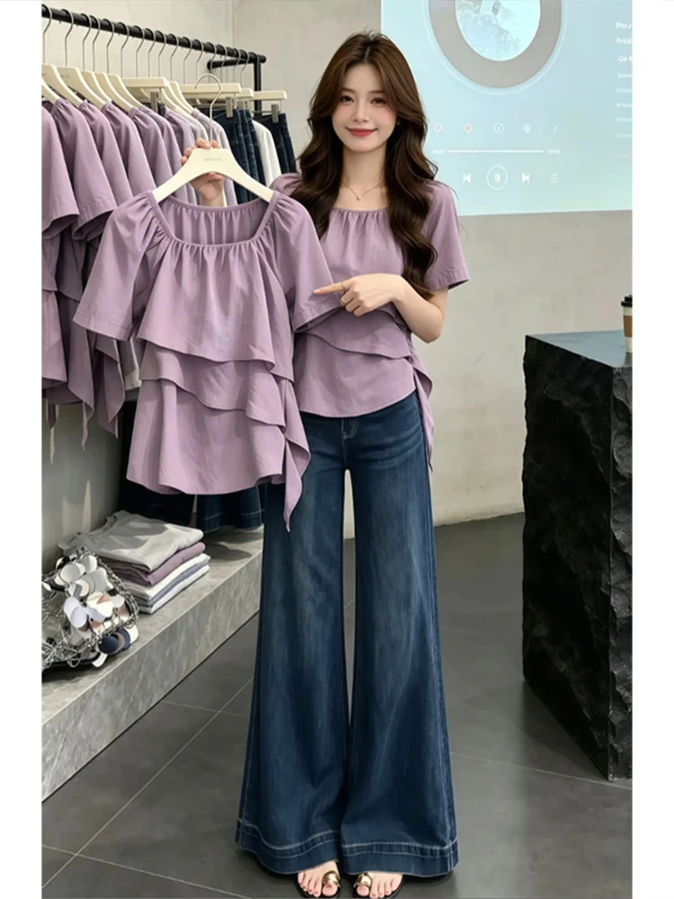 

Summer New Style Square Collar Pleated Short Sleeve Top Irregular Hem Layered Lace Bottom Elegant Little Shirt Commute Style ...