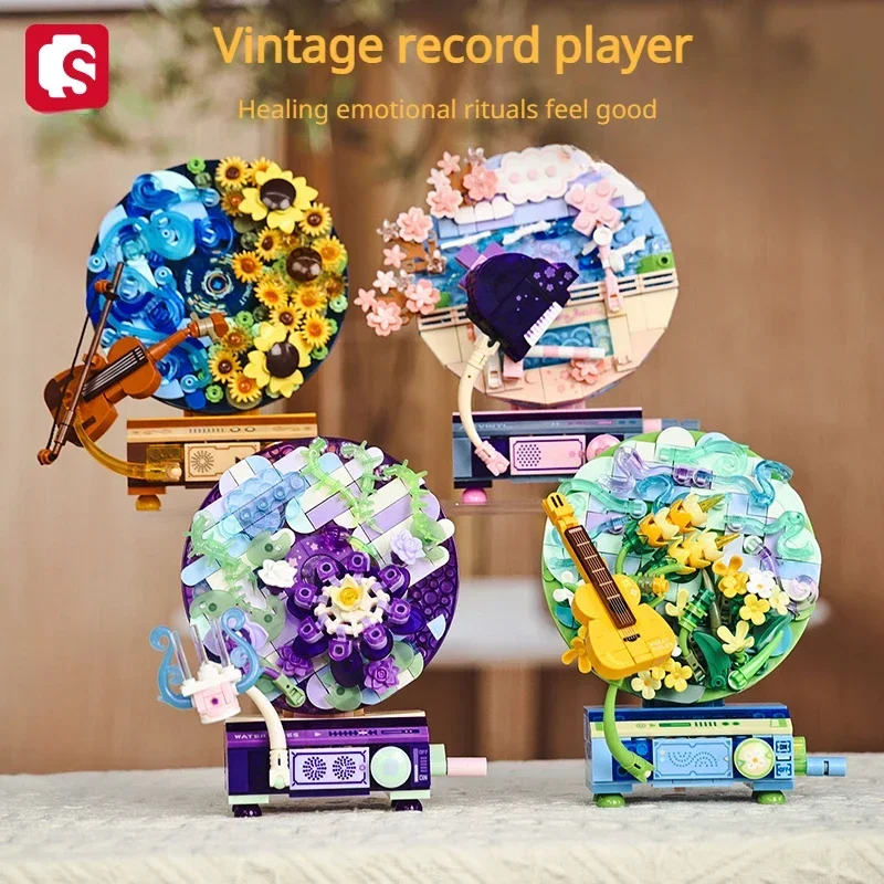 

SEMBO BLOCK Record Player Flower Workshop Series Kawaii Puzzle Assembled Children's Toys Cute Tabletop Decoration Birthday Gift