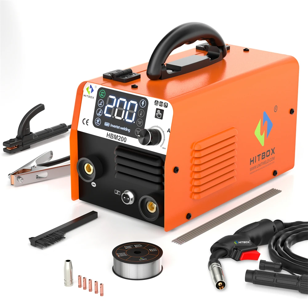 HITBOX Non Gas Semi-automatic Welding Machine 4 in 1 MIG/LIFT TIG/MMA Inverter Welder Synergy Tool For Gasless Soldering HBM200