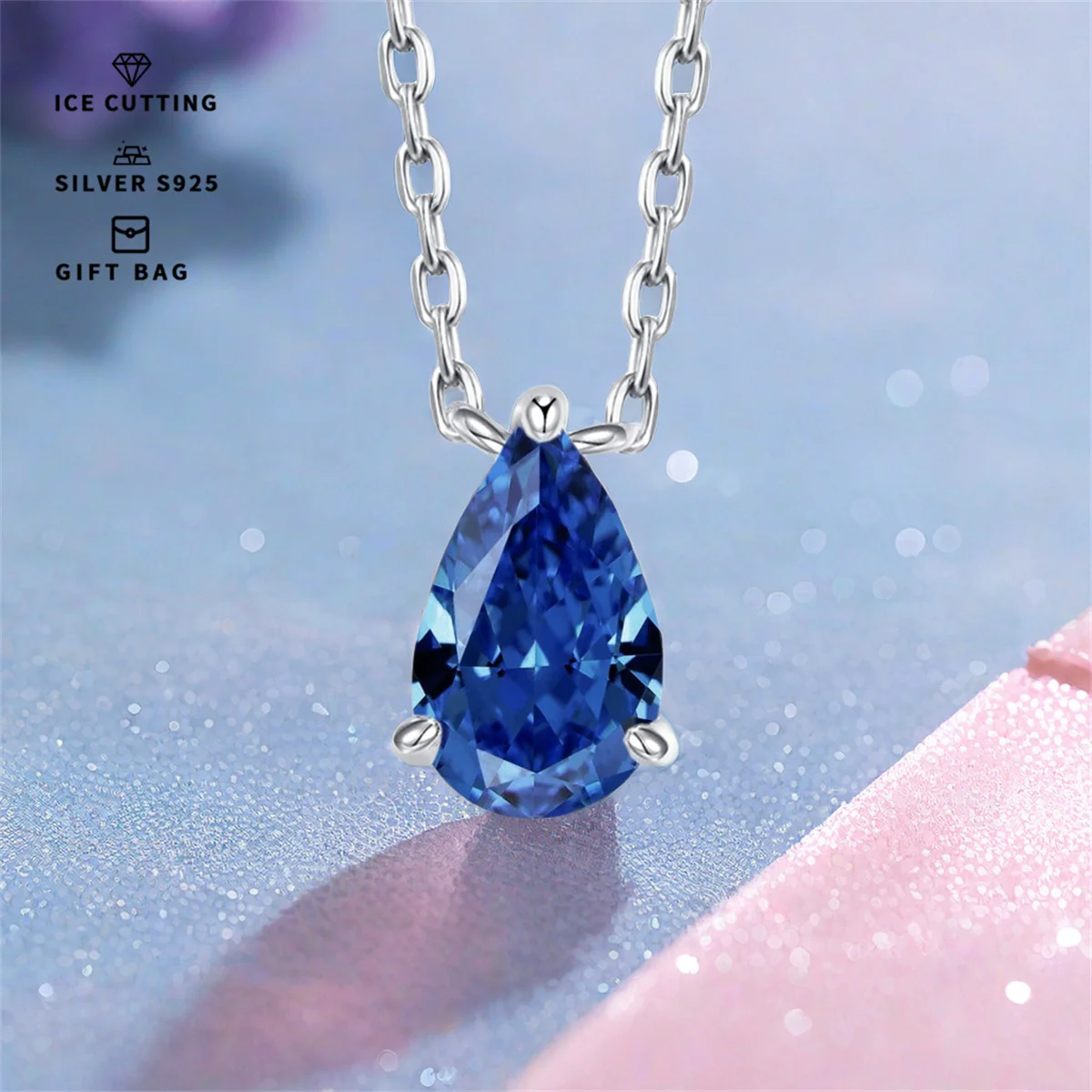 S925 silver plated platinum and golden High carbon ice cutting Tanzanite blue pear Zircon women's pendant necklace fine jewelry