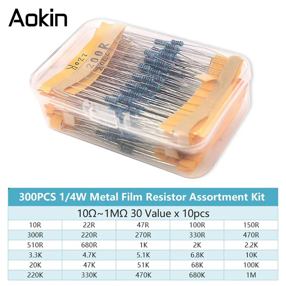 300/600PCS 1/4w Metallschichtwiderstand 30 Werte Widerstandssatz 10R-1M 0,25W 1% Widerstände Set