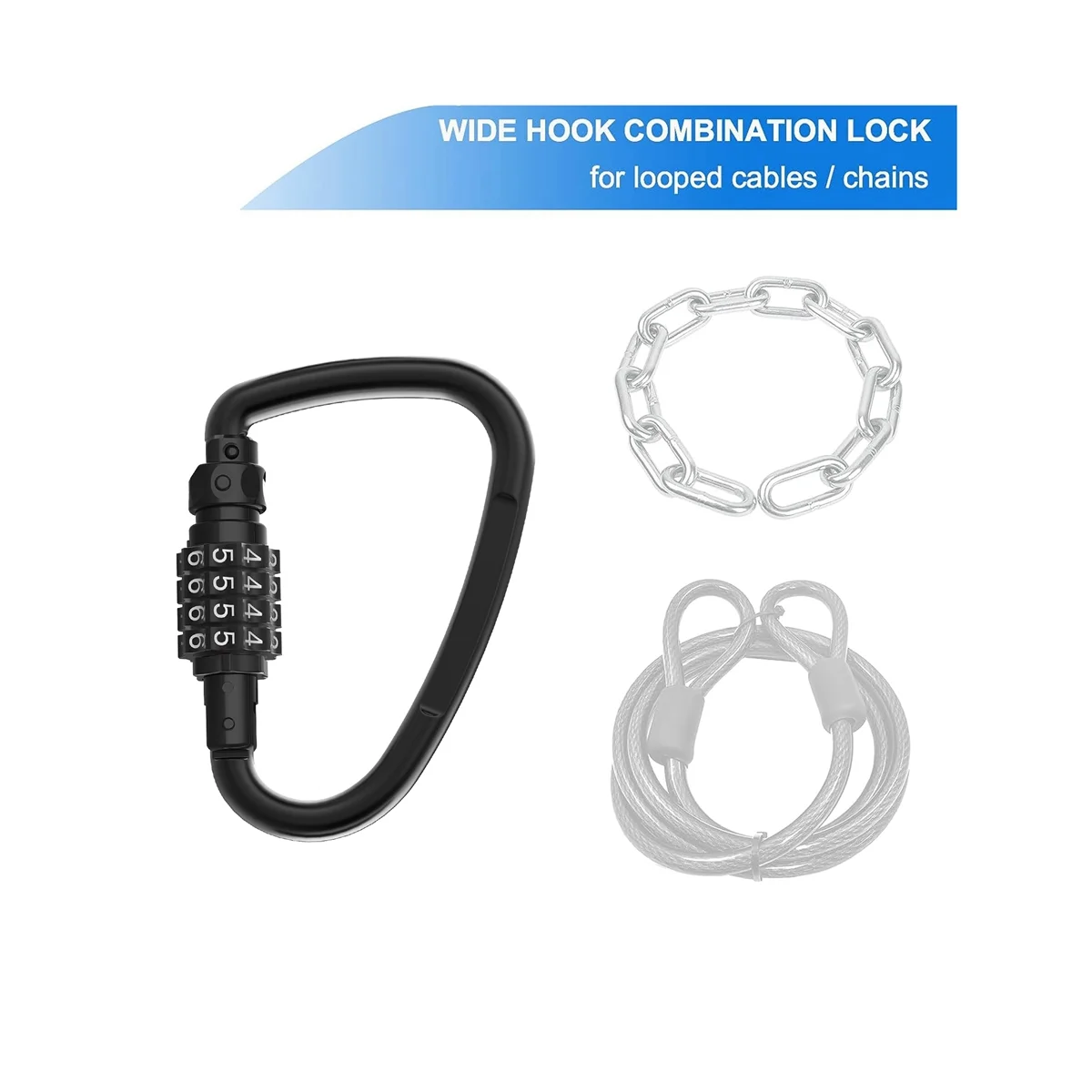カラビナクリップ付きコンビネーションロック、頑丈、D字型コード、ループバイク用ロック、セキュリティケーブルロック、4桁