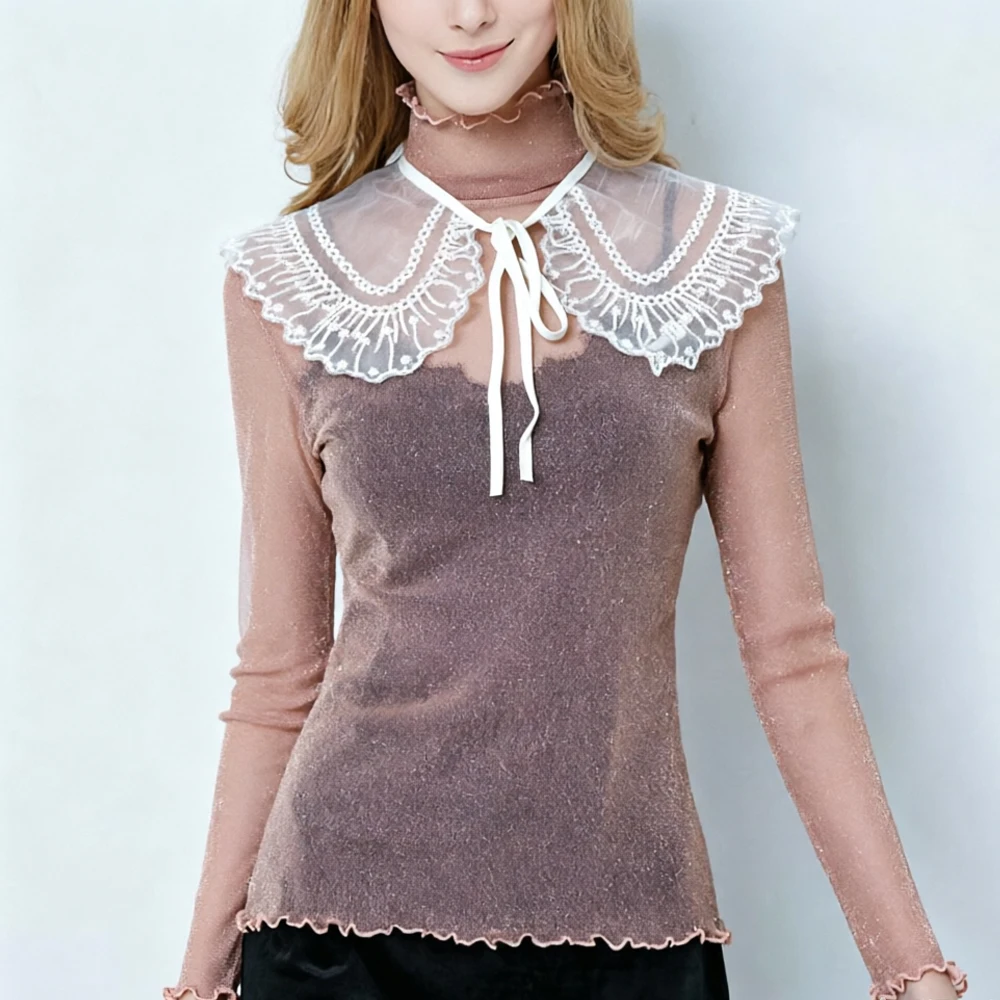 

Women Detachable Fake Collar Silver Shiny T Shirt 24 Color Chiffon Floral Lace Doll Collar Shirts Top Clothing Aesthetic Girl