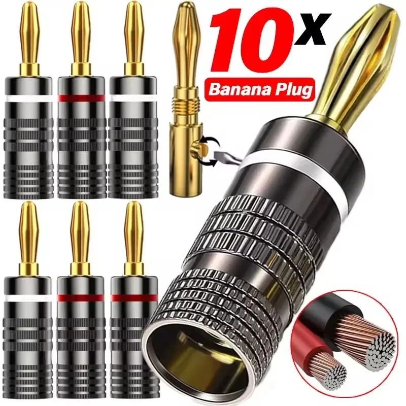1-10Pcs No Solder Banana Plug 4mm Quick Wire Connect Gold-plated Metal Banana Connectors Plugs for Speaker Cables Amplifiers