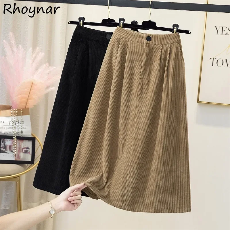 

Corduroy Midi Skirts Women Winter Cozy Vintage A-line Simple Korean Style Temper High Waist Classic Streetwear All-match Females