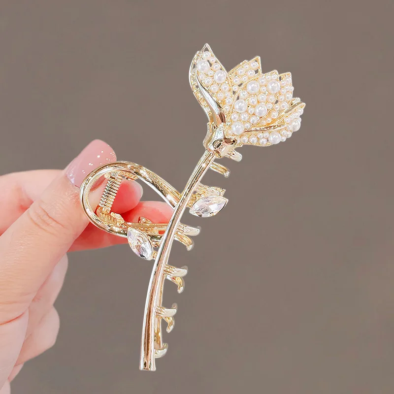 2022 New Lotus Pearl Metal Hair Claws for Women Shark Clip Korean Elegant Metal Hair Clips Trendy Hair Accessories headdress