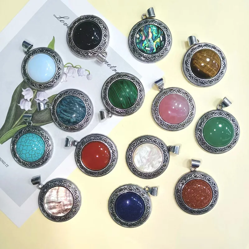 Natural white shell crystal, Dongling jade, red agate, tiger eye stone, synthetic malachite, and turquoise inlay
