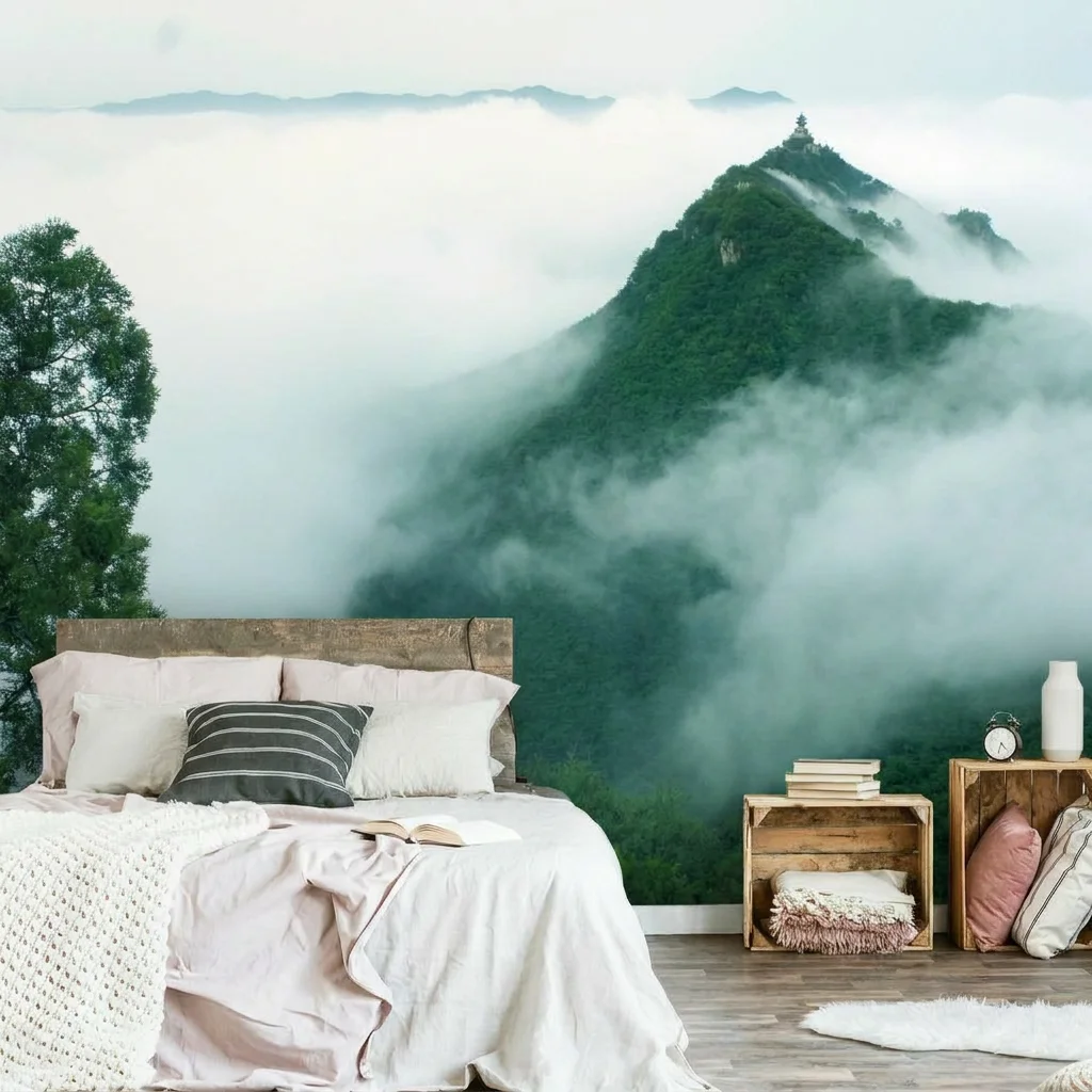 Lush green mountains, new Chinese-style landscape, bedroom headboard background wall, self-adhesive material.