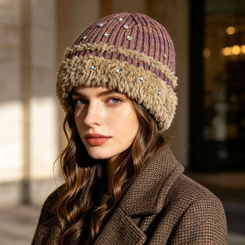 Vintage Mixed Color Knitted Hat for Women, Fluffy Brim Rhinestone Beanie bucket hat