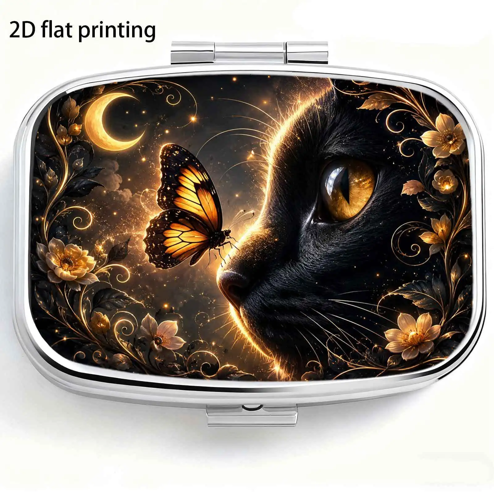 Single-piece, flat, square, double-compartment pill box, square design, decorated with a night floral pattern featuring a black cat and butterfly motifs, a compact storage box for home use, elegantly designed, suitable as an exquisite gift for elders or girls