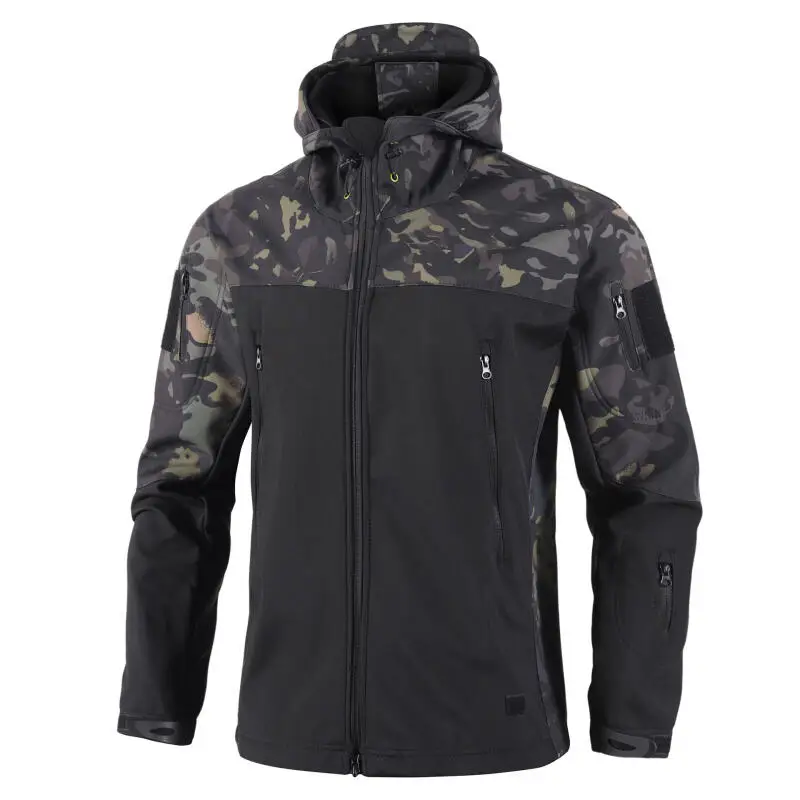 Patchwork Camo Panel Tactical Softshell Jacket Men Water Resistant Windproof Hooded Training Outerwear for Outdoor Trekking