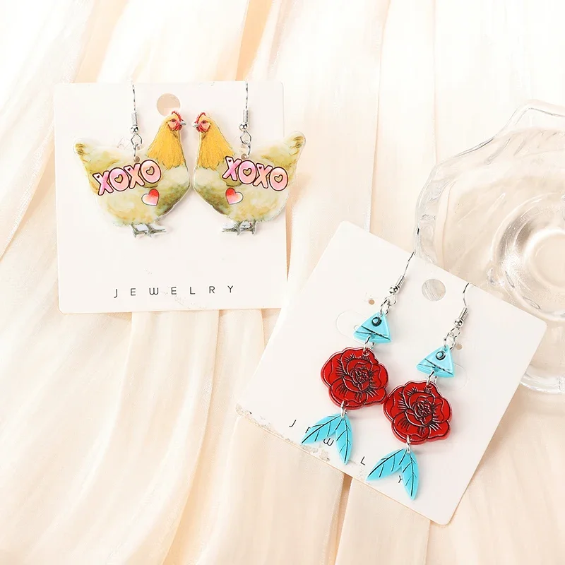 1Pair Valentine Woman Dangle Earrings Acrylic Funny XOXO Chicken Rose Jewelry For Woman Girl Holiday Birthday Gift