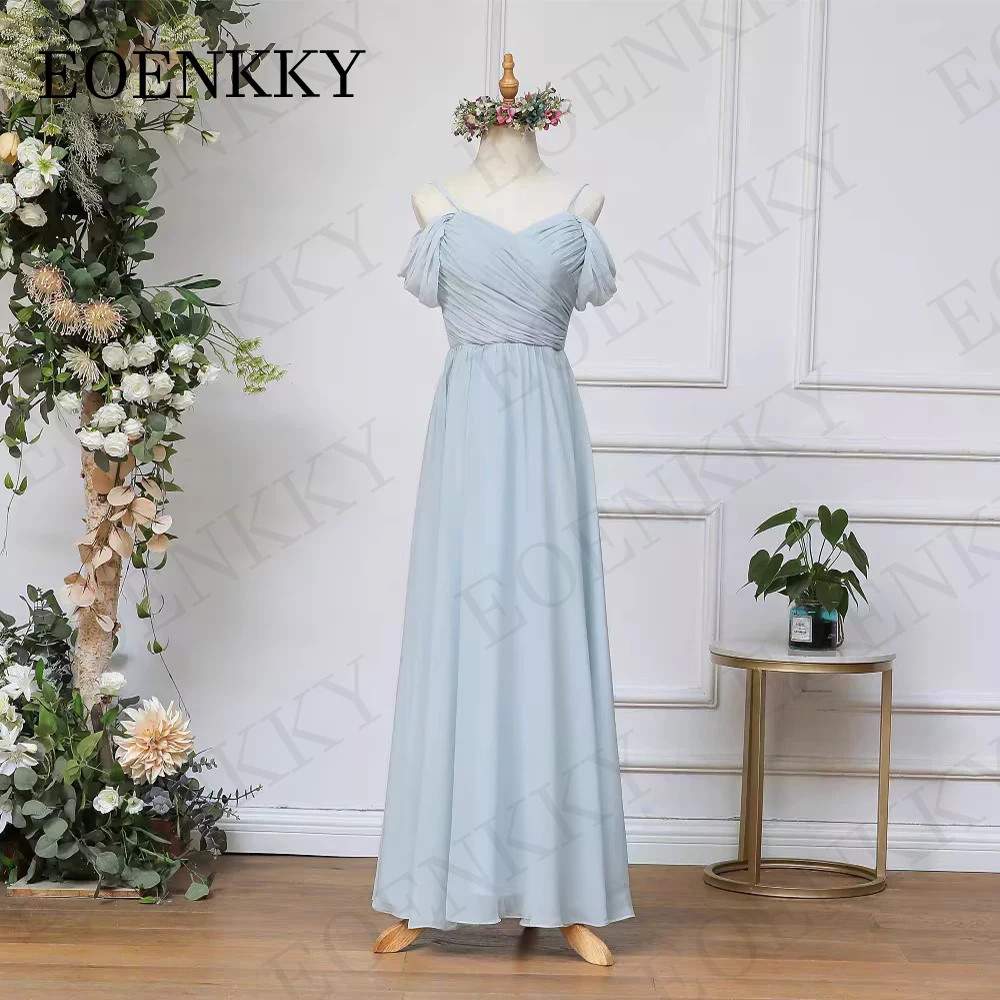 Blue Korea Off Shoulder Prom Dresses Fairy Chiffon A linha de couro no sul pregas simples Cintas de espaguete Vestidos Formais Evening Party Coreia Azul Vestidos de Baile sem Ombro Fairy  Chiffon em linha A 댄스 파티 드레스 S