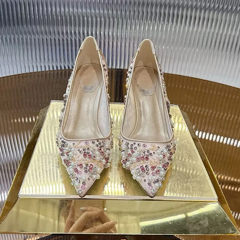 جديد المرأة سلسلة حبة ديكور رقيقة عالية الكعب Sandalias أشار تو شبكة مغلقة تو الصنادل الصيف فستان الحفلات أحذية مضخات