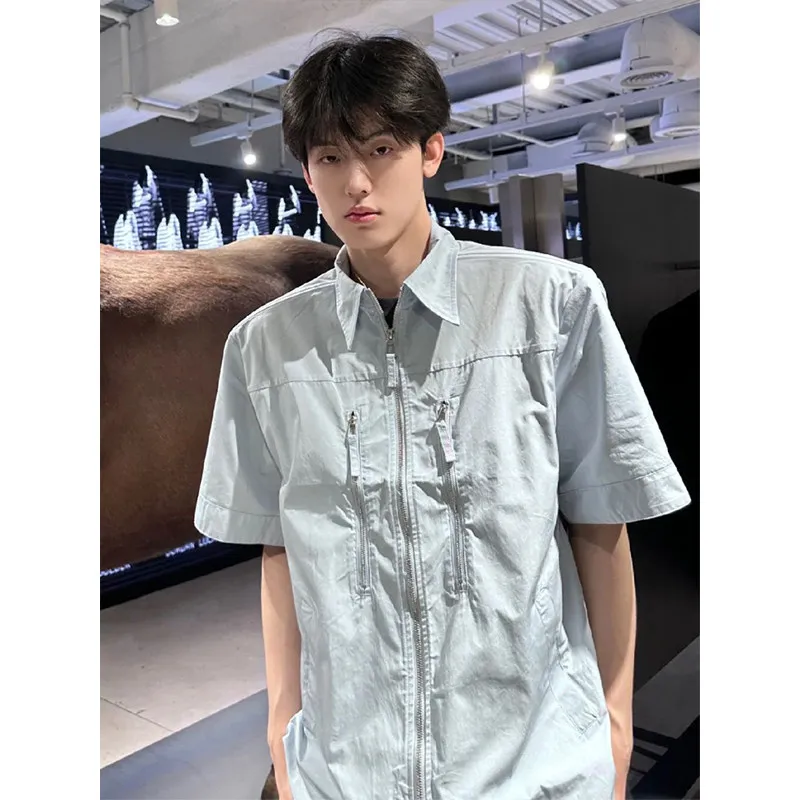 

Light Blue Zipper ort Sve Men's irt Summer Thin Ice Silk Workwear Cool Feeling Stand Fit Polyester Fiber arp Collar