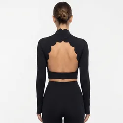 FUBEIKE Shell Lace Backless Yoga Clothes Long Sleeve Tight Slimming Sports Running Leggings Workout Training Top With Chest Pad
