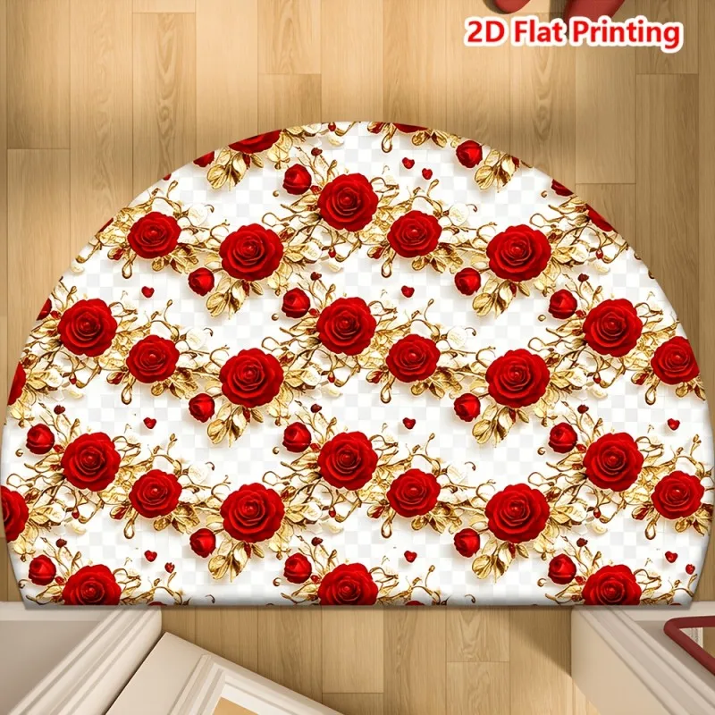 Red Rose and Gold Semicircle Doormat Elegant Red Rose with Gold Leaf Print Non Slip Floor Mat for Romantic and Luxurious Decor