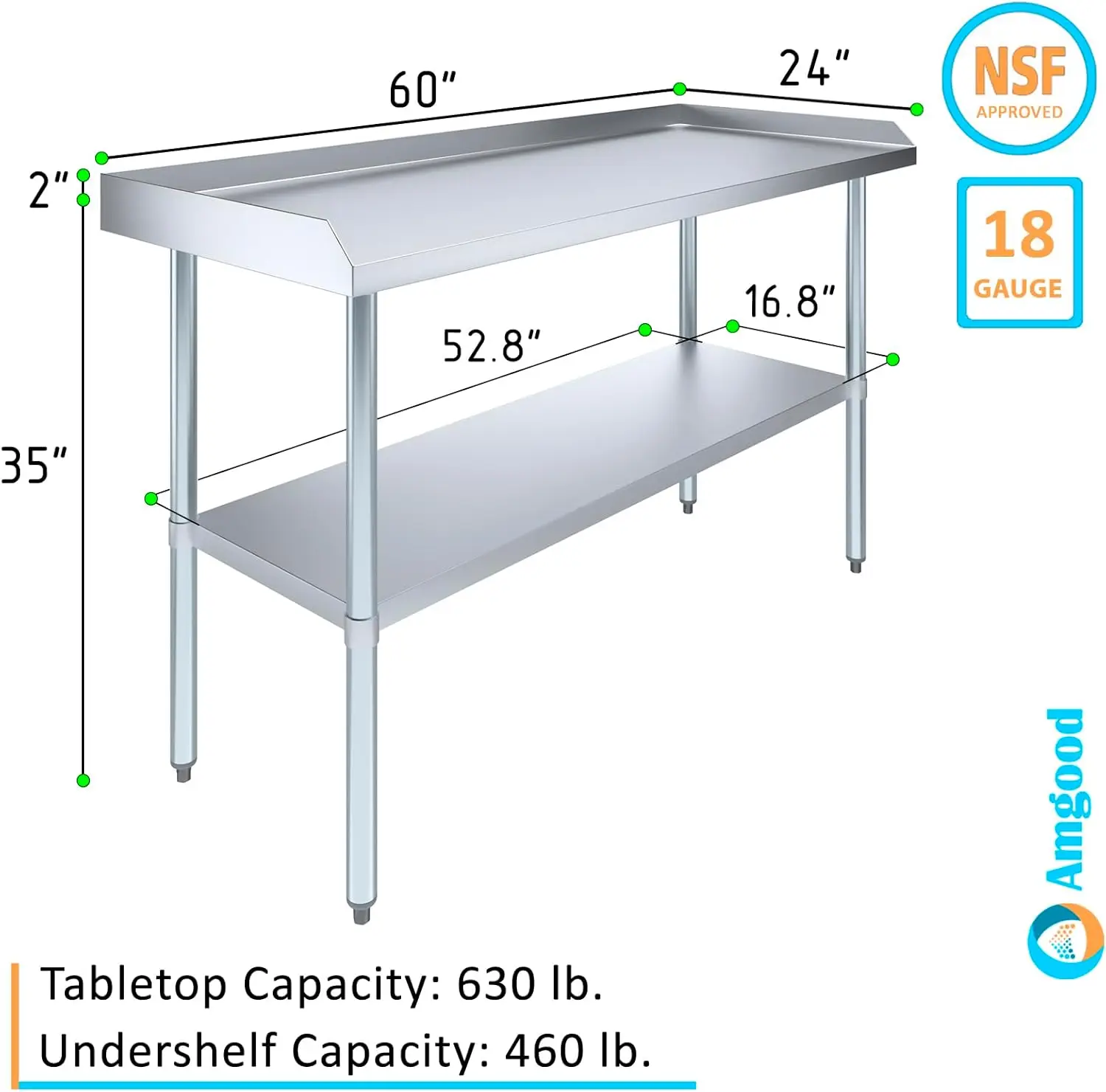 Mesa de trabajo comercial con protección contra salpicaduras y manchas laterales, NSF (Mesa de acero inoxidable con protectores laterales, 60 "de largo x 24" de profundidad)