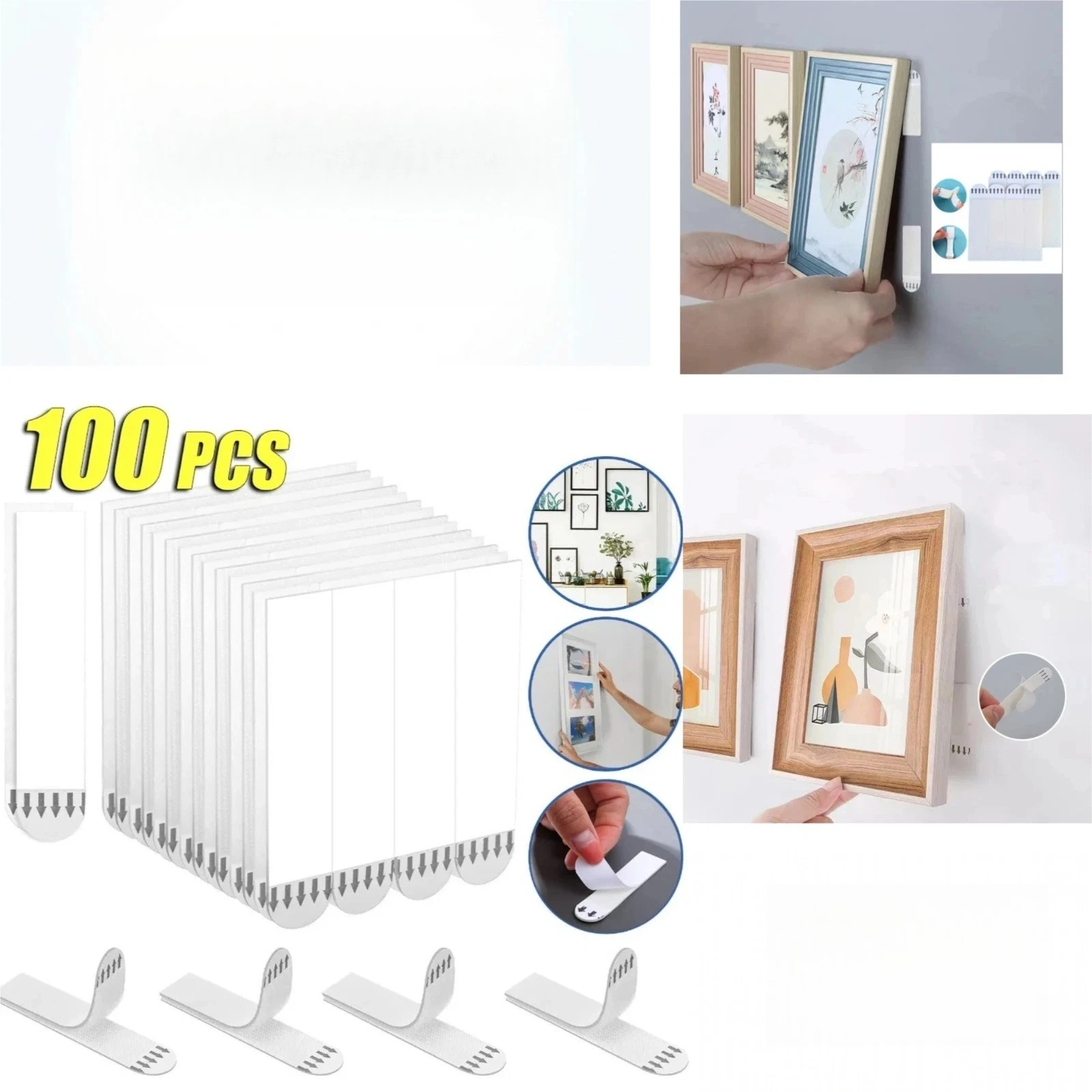 100Pcs Punch-free Frame Tape Strips Assorted Mounting Self Adhesive Picture Frame Fixed Poster Wall Hook Decorate Fixing Hanger