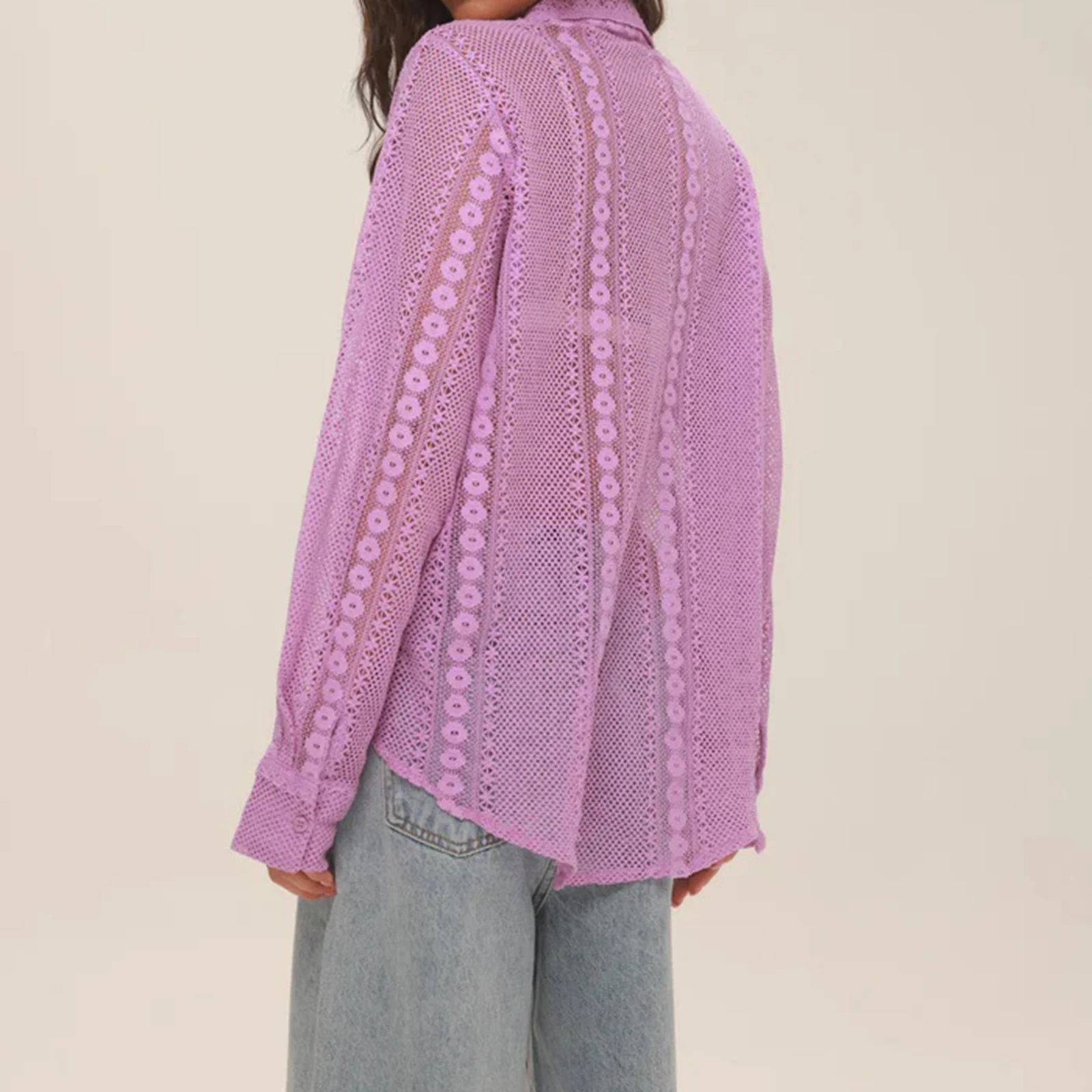 Women Solid Color Loose Sheer Lace Shirts Casual Long Sleeve Button-up Collared Tops for Spring Fall
