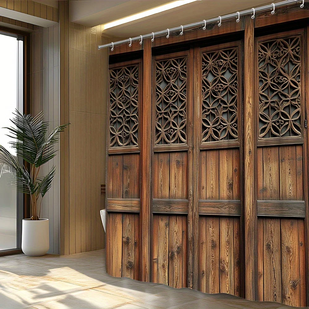 1pc Traditional Wooden Door Shower Curtain - Ancient Asian-Inspired Design with Intricate Lattice Panels & Floral Geometric Carv