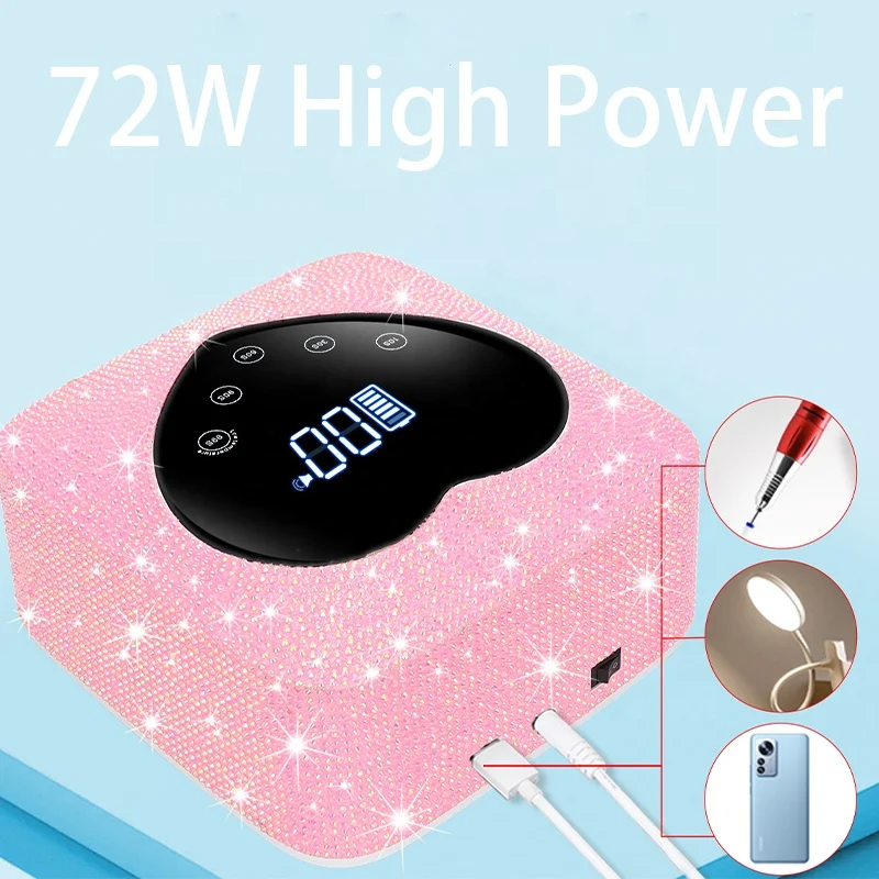 Rechargeable UV LED Nail Lamp 72W Cordless Light Nails With Rhinestone Heart Shaped Manicure Pedicure Machine Diamond Nail Lamp