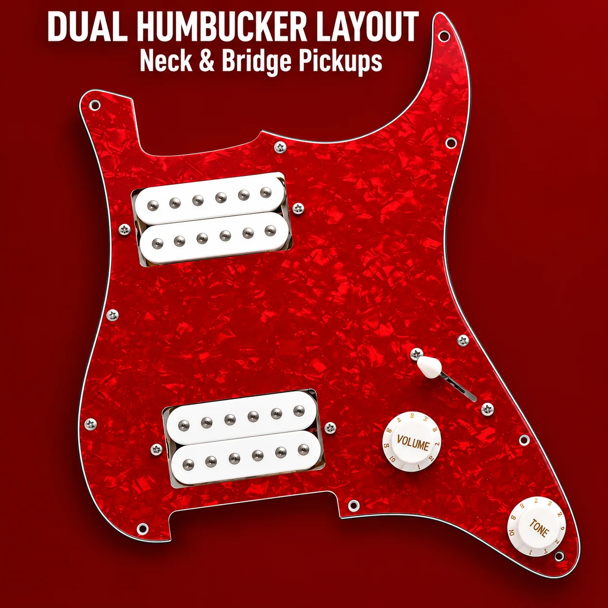 HH Prewired Pickguard Assembly for ST/SQ Style Electric Guitar Dual Humbucker 1V1T 3-Way Switch Red Pearloid