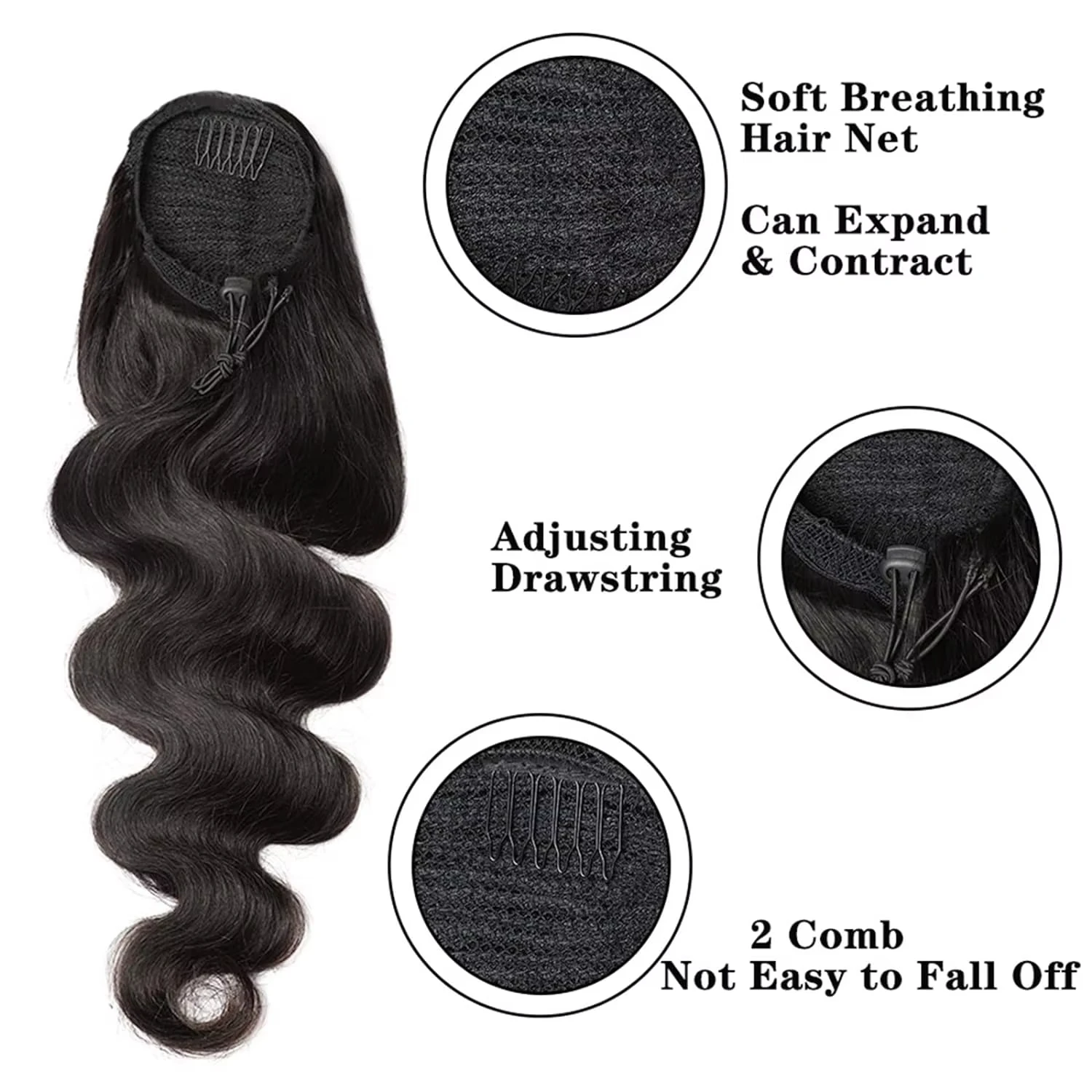 Body Wave Long Drawstring Ponytail Human Hair Extensions Peruvian Hair Clip In Remy Natural Black Heat Resistant Pony