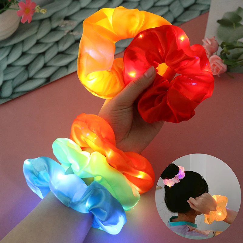 LED Light Women Hair Ties Sets Candy Color Bright Organza Scrunchy Pack Bulk Schrunchy Lot Glitter Bling Hair Elastic