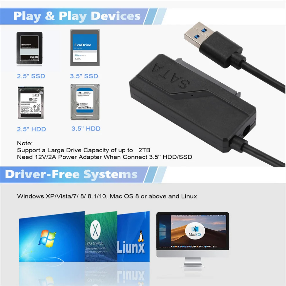 SATA to USB 3.0 Cable Up to 5 Gbps for 2.5 3.5 Inch External HDD SSD Hard Drive SATA 7+15 22 Pin Adapter USB 3.0 to Sata Cable