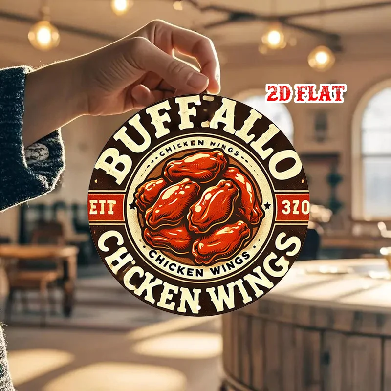 2D Flat Featuring Buffalo Chicken Wings, This Vintage-Style Decorative Plaque Is Perfect for Enhancing Home, Office, Café
