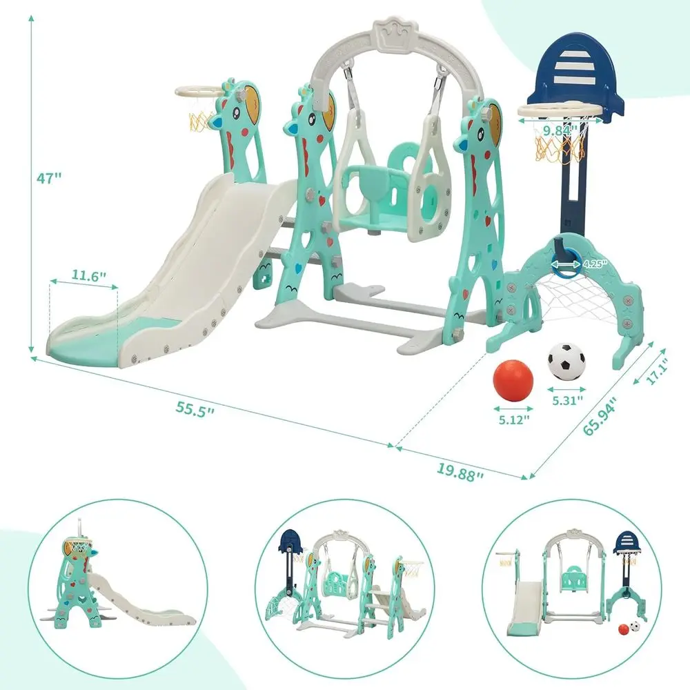 Conjunto de escorregador e balanço infantil 6 em 1 Neekoy para crianças, balanço infantil com cesta de basquete, adequado para playground cinza e verde