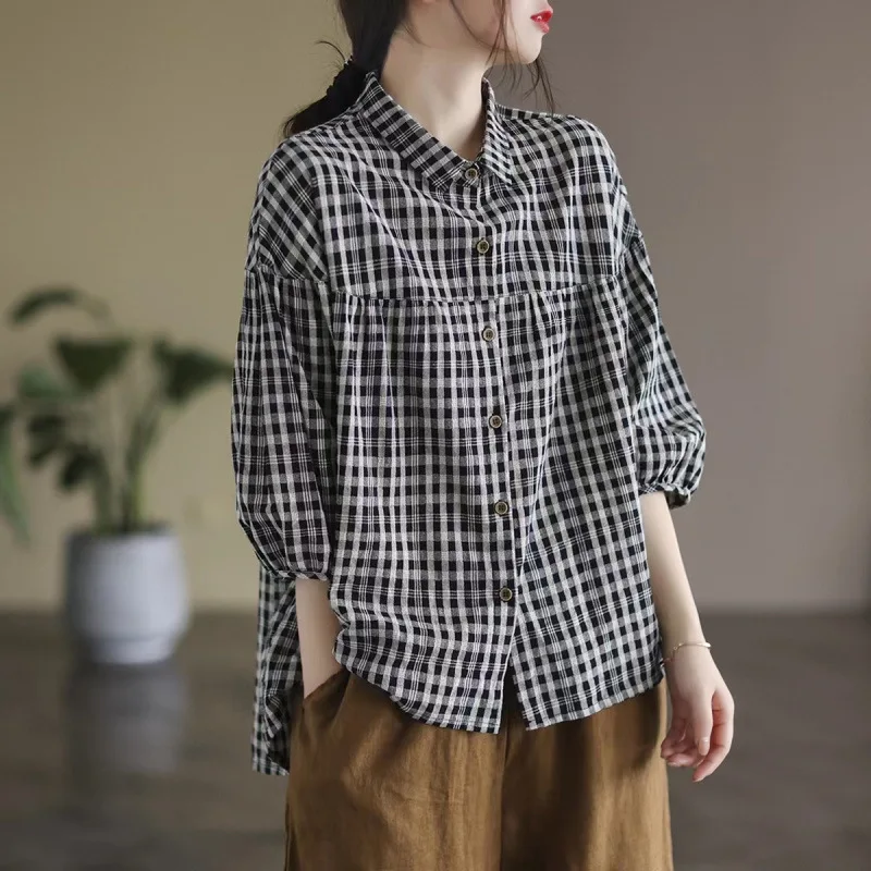 

Blouses Women Shirt Vintage Plaid Turn Down Collar Full Sleeve Tops Casual Y2k Streetwear Elegant Splice Shirts 2026 Spring