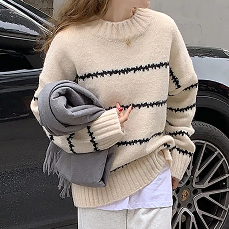 

Sueter Feminino New O-Neck Striped Knitted Sweater Women Pullovers Long Sleeve Knit Sweater Pullover Women Tops Knitwears Q2032