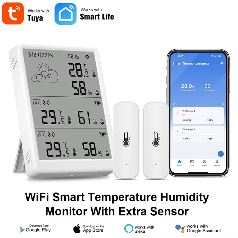 투야 대형 LCD 화면 Wi-Fi 기상 관측소 – 무선 디지털 실내외 날씨 예보 및 습도계, 온도 센서 2개 포함