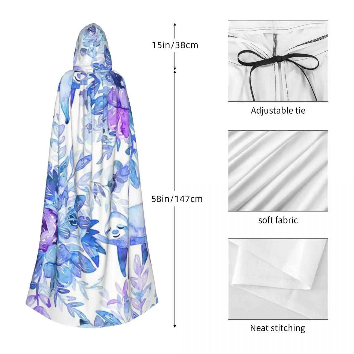 Paresse sonnolenti in piante viola Mantello lungo con cappuccio Strega Costume medievale Mantello cosplay Cappotto di Halloween Adulto unisex