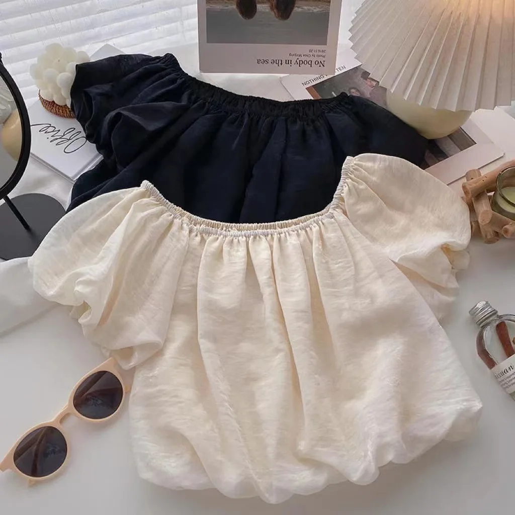 Blouses Girls Summer New Korean Solid Color Versatile Sweet Puff Sleeve Tops New Tide Pleated 2024 Childrens Clothing