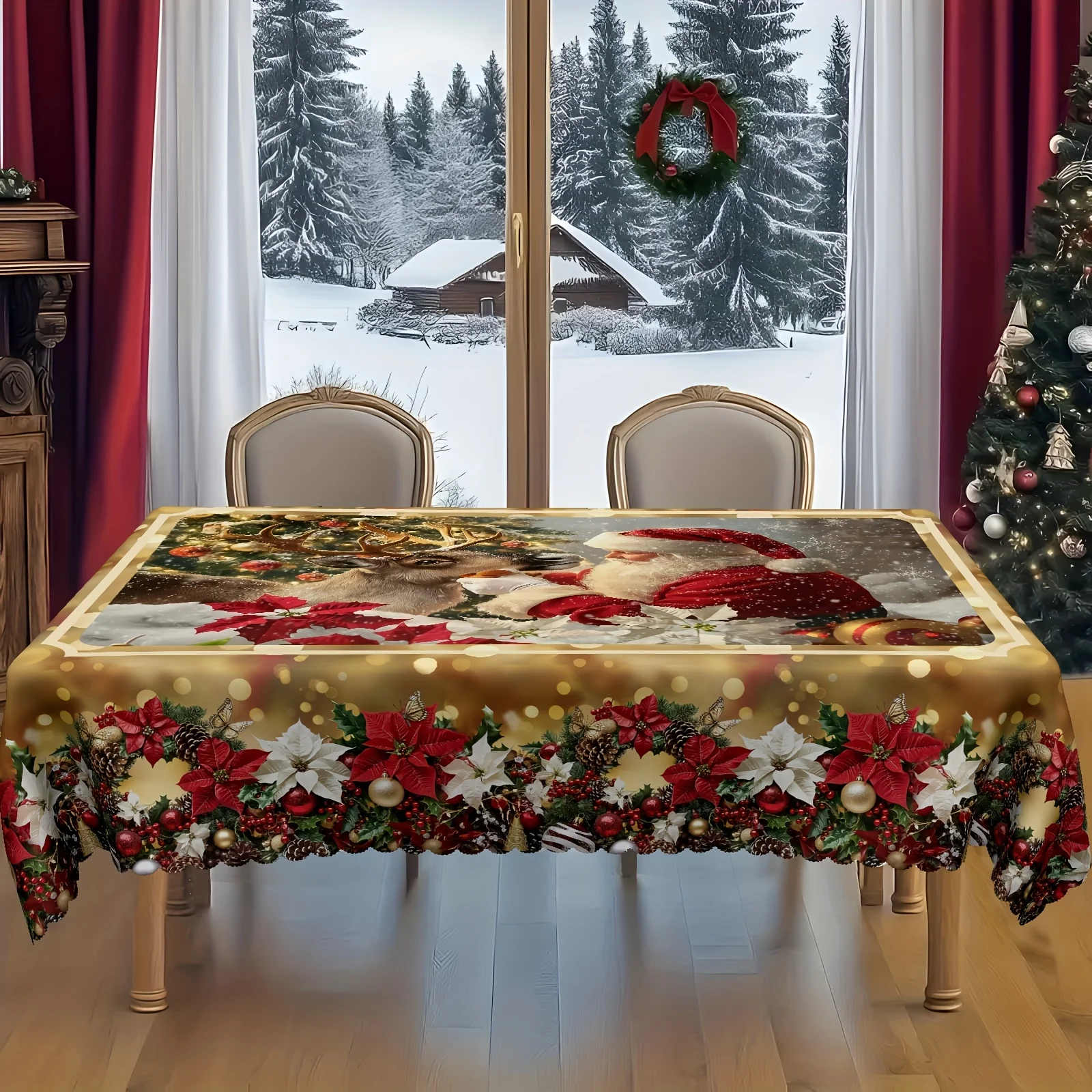 VIKAMA Santa Reindeer Poinsettia Tablecloth Gold Rectangle Table Cover Happy New Year 2027 Xmas Family Gathering Dinner Party